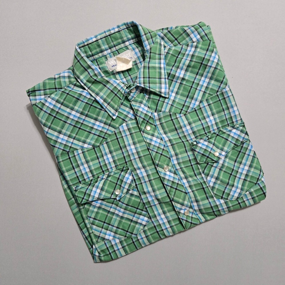 Wrangler Western Shirt Mens Large Green‎ Pearl Snap Cowboy Short Sleeve